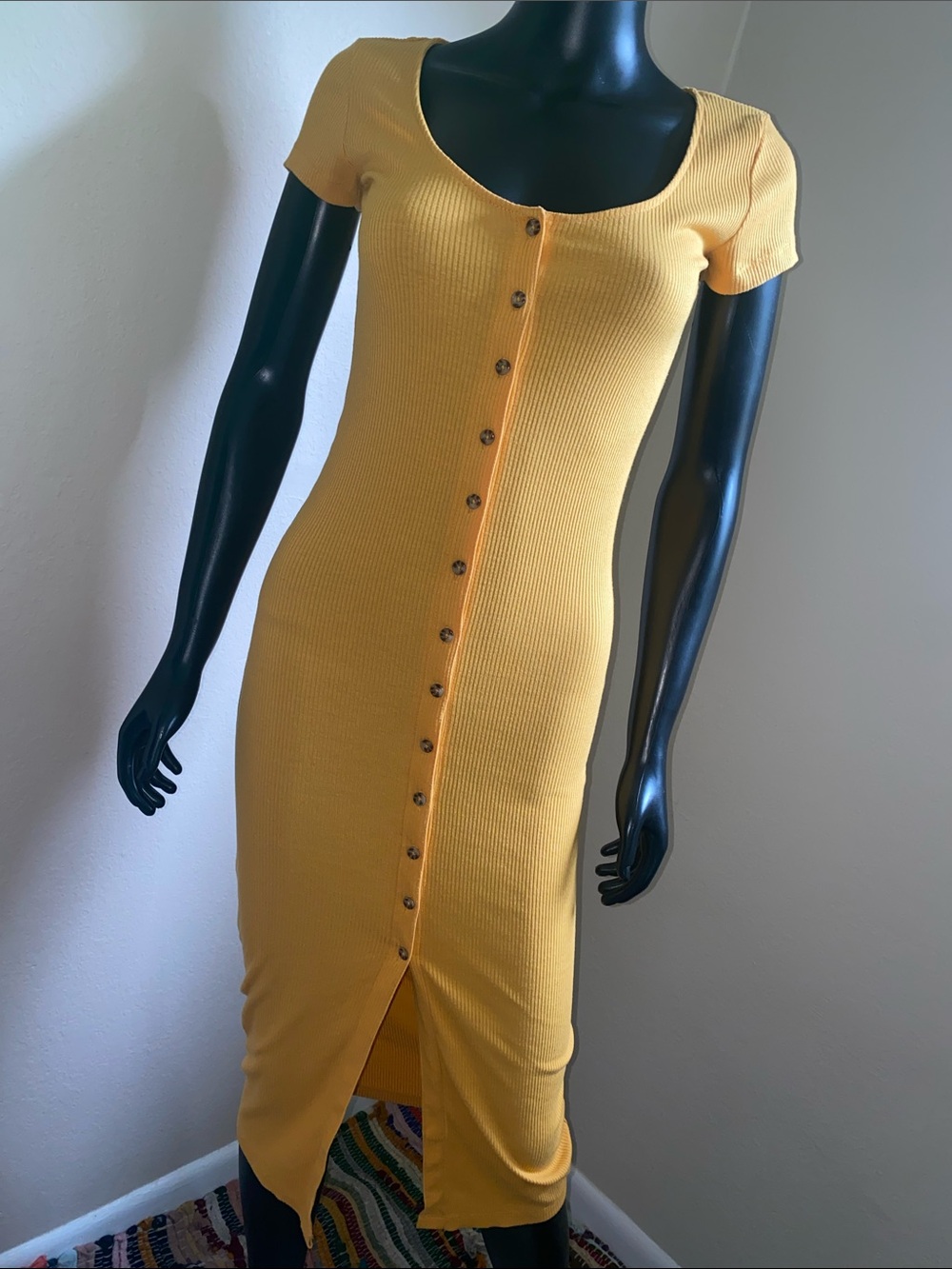 Forever 21 Mustard Yellow Ribbed Button-Down Midi Dress